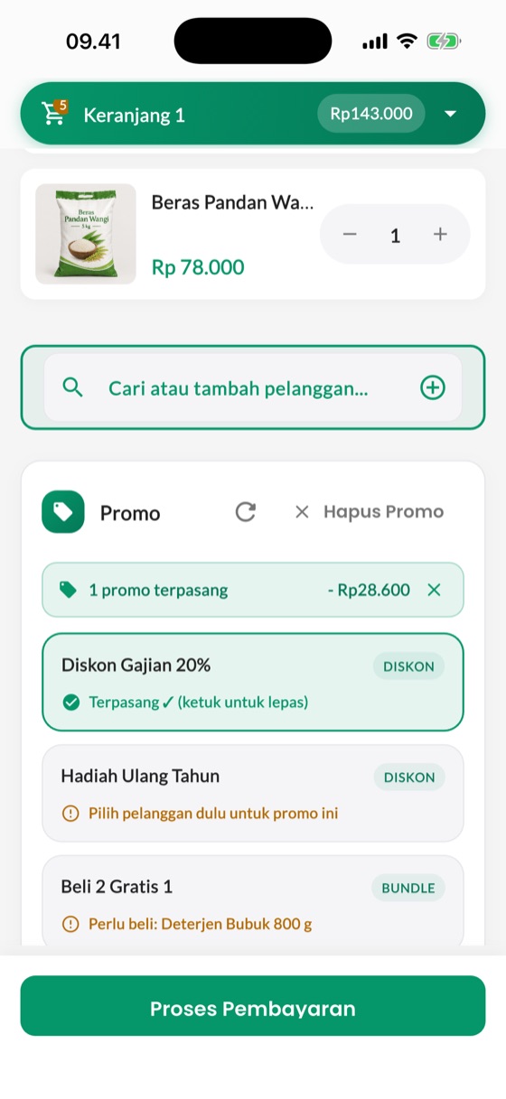 Promo otomatis: Promo yang berlaku langsung muncul di kasir.